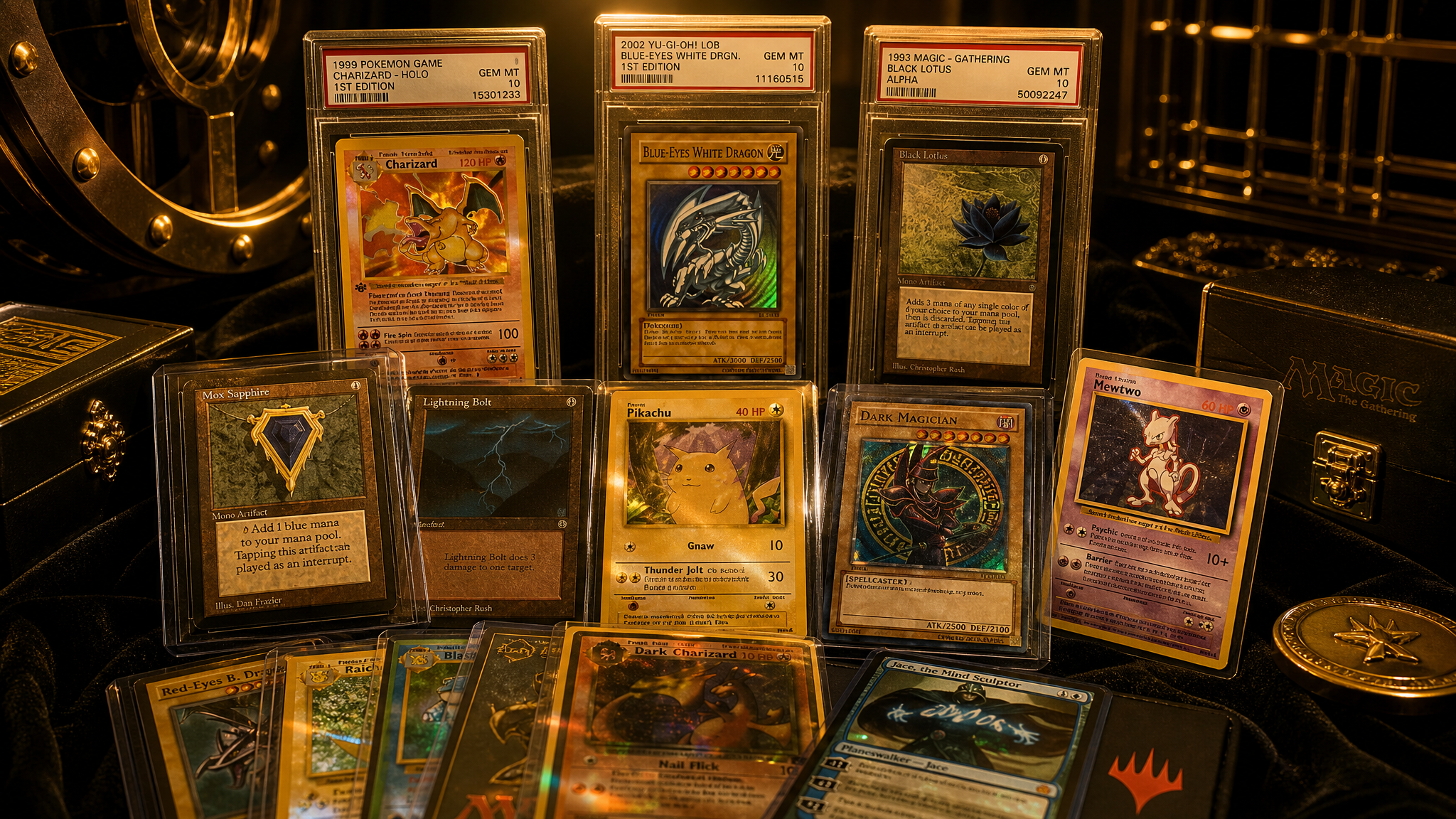 Premium collectible trading cards displayed in a luxurious vault setting with golden lighting